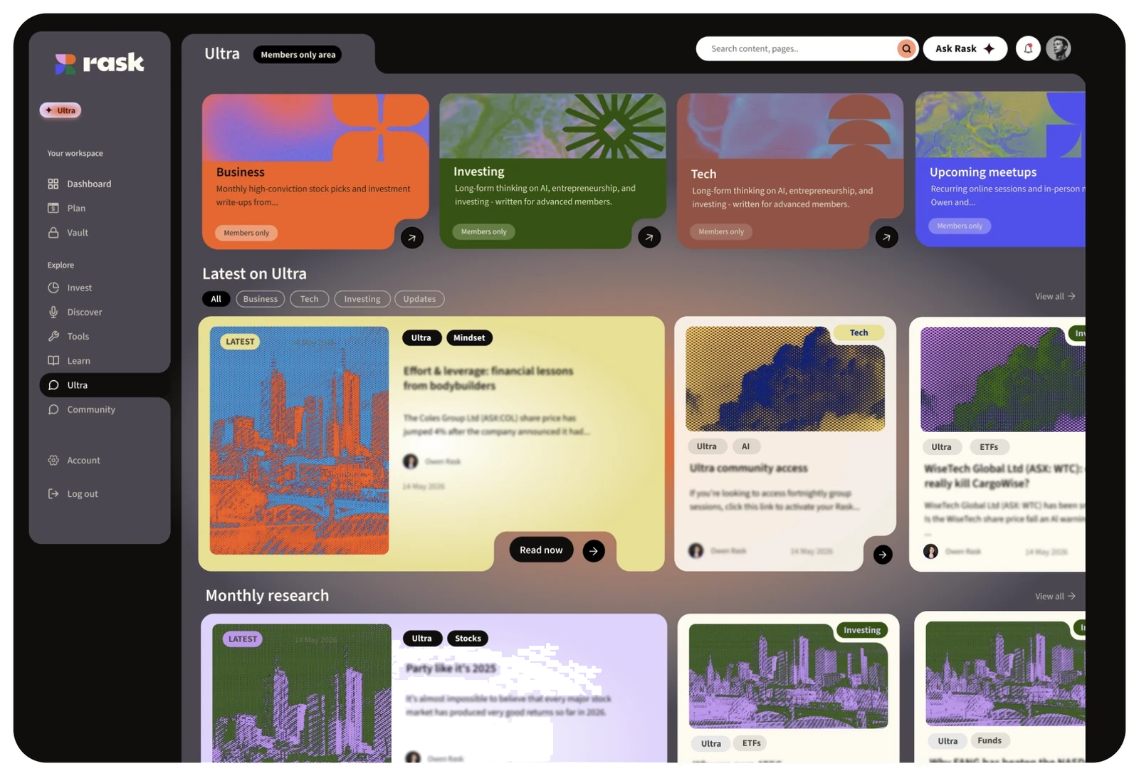The Rask Ultra members hub.