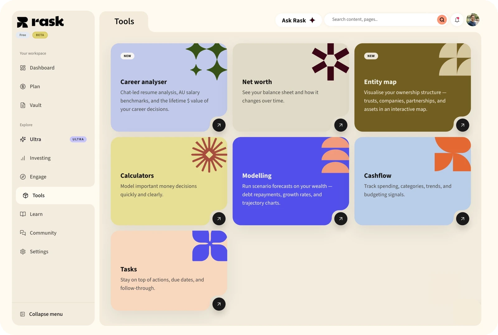 The Rask tools hub, showing net worth, modelling and cashflow cards.